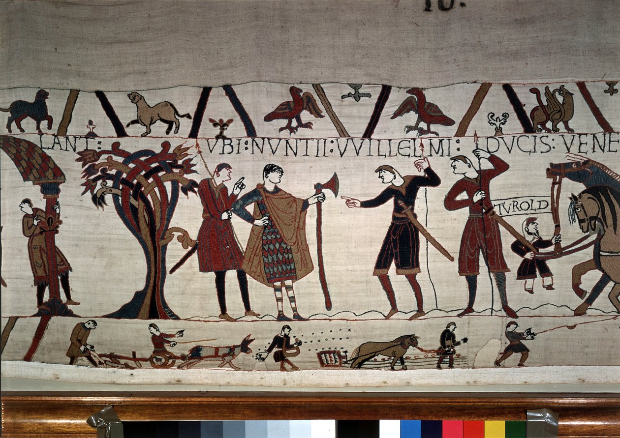 Os mensageiros do Duke Guillaume (1027 - 1087) vêm à procura da tapeçaria Guy de Ponthieu - Bayeux, conhecida como Bordado da Rainha Mathilde de Unknown artist