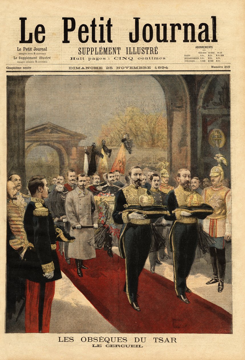Os obseques do Czar Alexandre III (1815-1894), na Catedral de São Pedro e São Paulo, necrópole dos Romanov, no centro da fortaleza de São Petersburgo. Gravura no "Le petit journal" 25/11/1894. A coleção de Selva. de Unknown artist