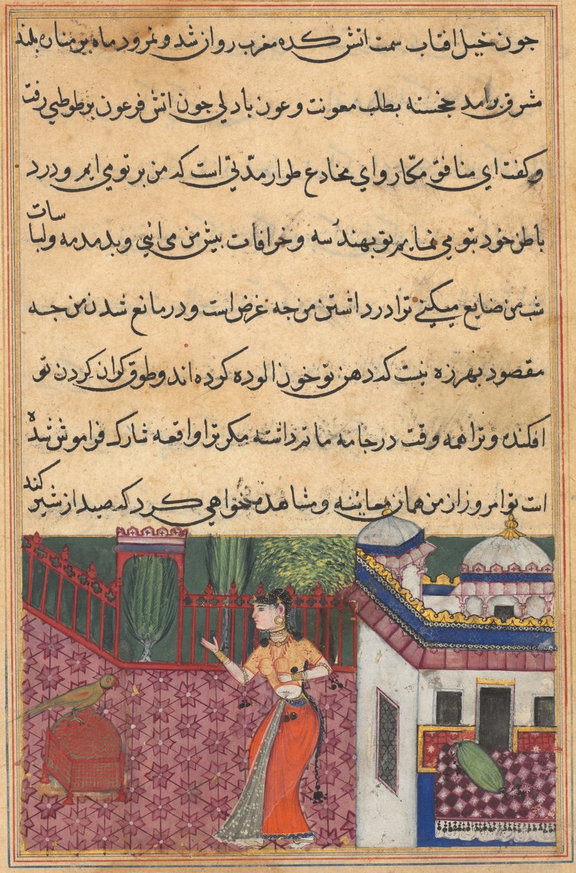 O papagaio se dirige a Khujasta no início da trigésima terceira noite, de um Tuti-nama (Contos de um Papagaio) de Unknown artist
