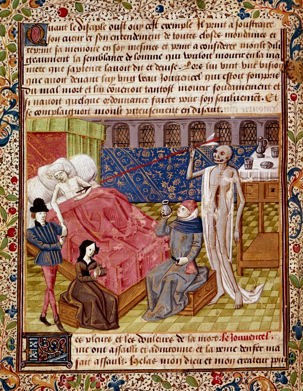 O paciente é atingido pela morte em miniatura tirada do "Le Tresor de Sapience" (ou "Le traite du jardin amoureux") de Jean Gerson (1363-1429) Chantilly do século XV, Musee Conde de Unknown artist