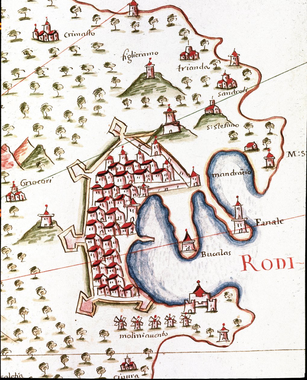 O porto de Rodes na Grécia (Detalhe do portulano de Castellini de Unknown artist
