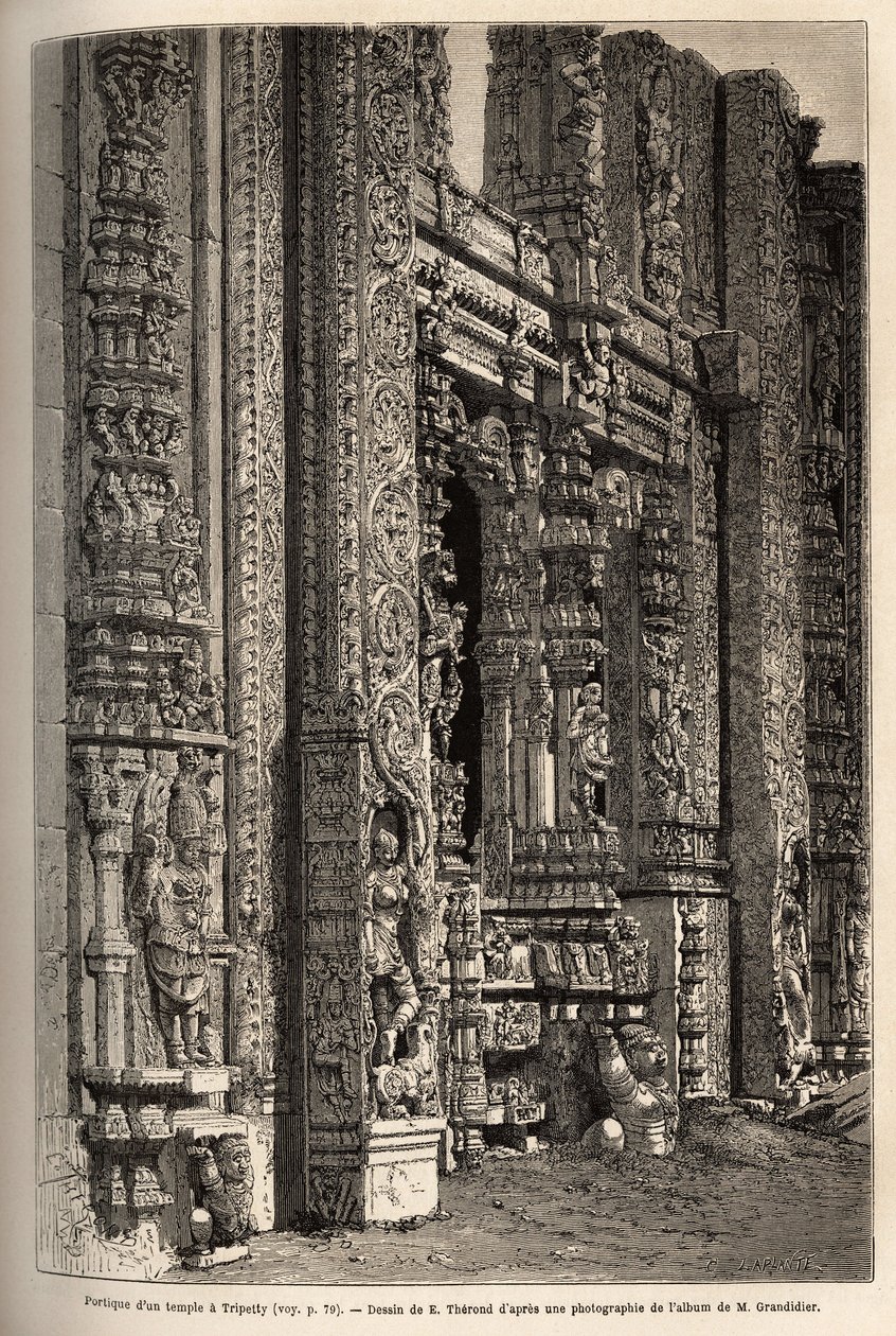 O pórtico esculpido de um templo em Tripetty (ou Tirupati, em Andhra Pradesh), um importante lugar de peregrinação hindu. Gravura para ilustrar a viagem às províncias meridionais da Índia, de Alfred Grandidier, em 1862-1864, publicada em "le tour du mo de Unknown artist