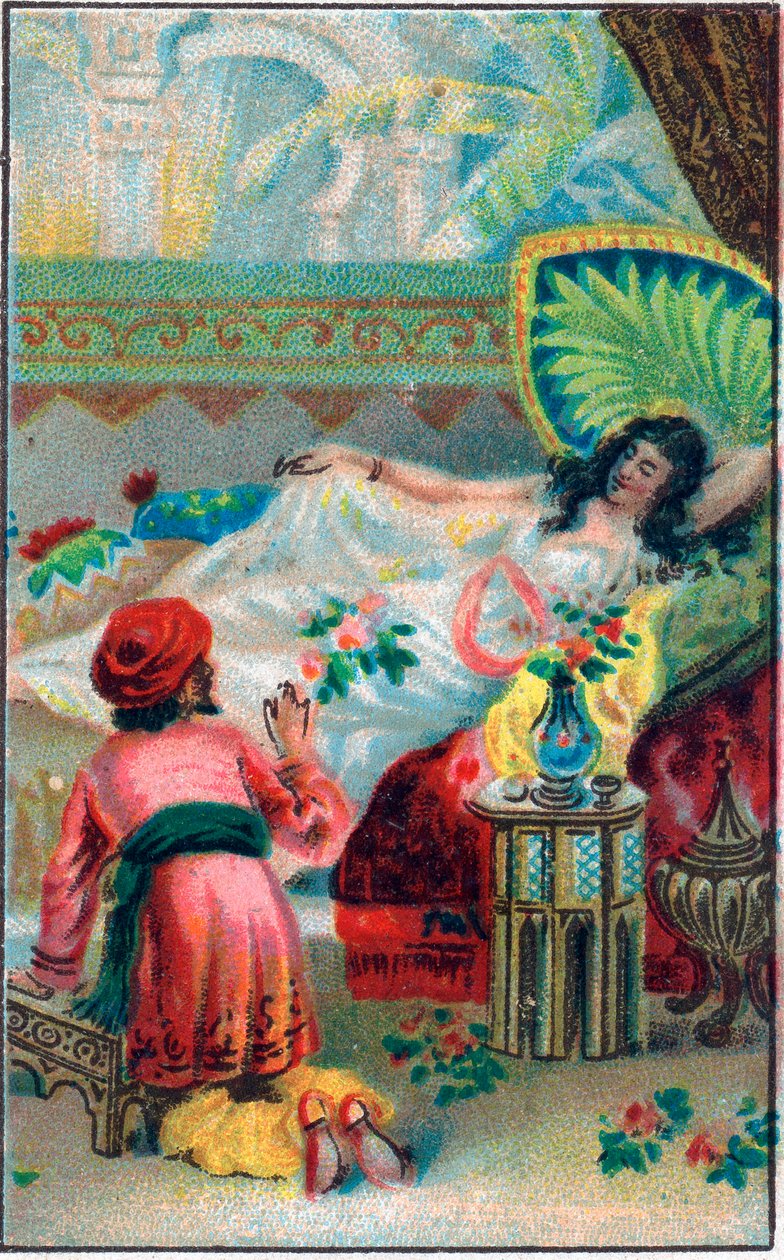 O príncipe e a princesa. Conto "Histoire du cheval enchante" em "Les mille et une nuits "(les 1001 nuits ou Le mille e una notte, Arabian Nights). Cromolitografia do final do século XIX. de Unknown artist