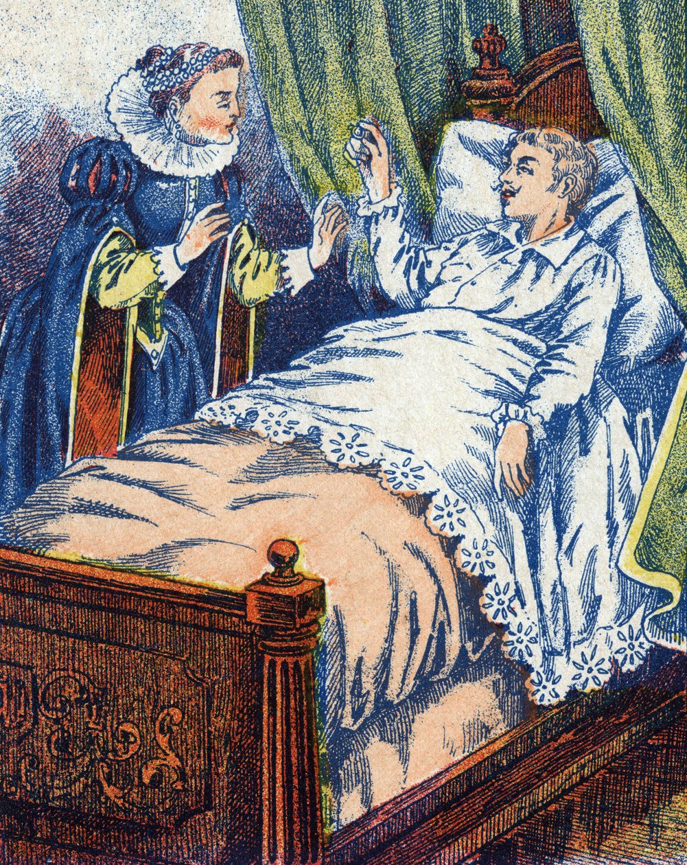 O príncipe mostra o anel à sua mãe. Ilustração anônima do conto "Donkey Skin" de Charles Perrault (1628-1703), escritor francês. Imagery Marcel Vagne, Jarville Nancy, sem data (final do século XIX). de Unknown artist