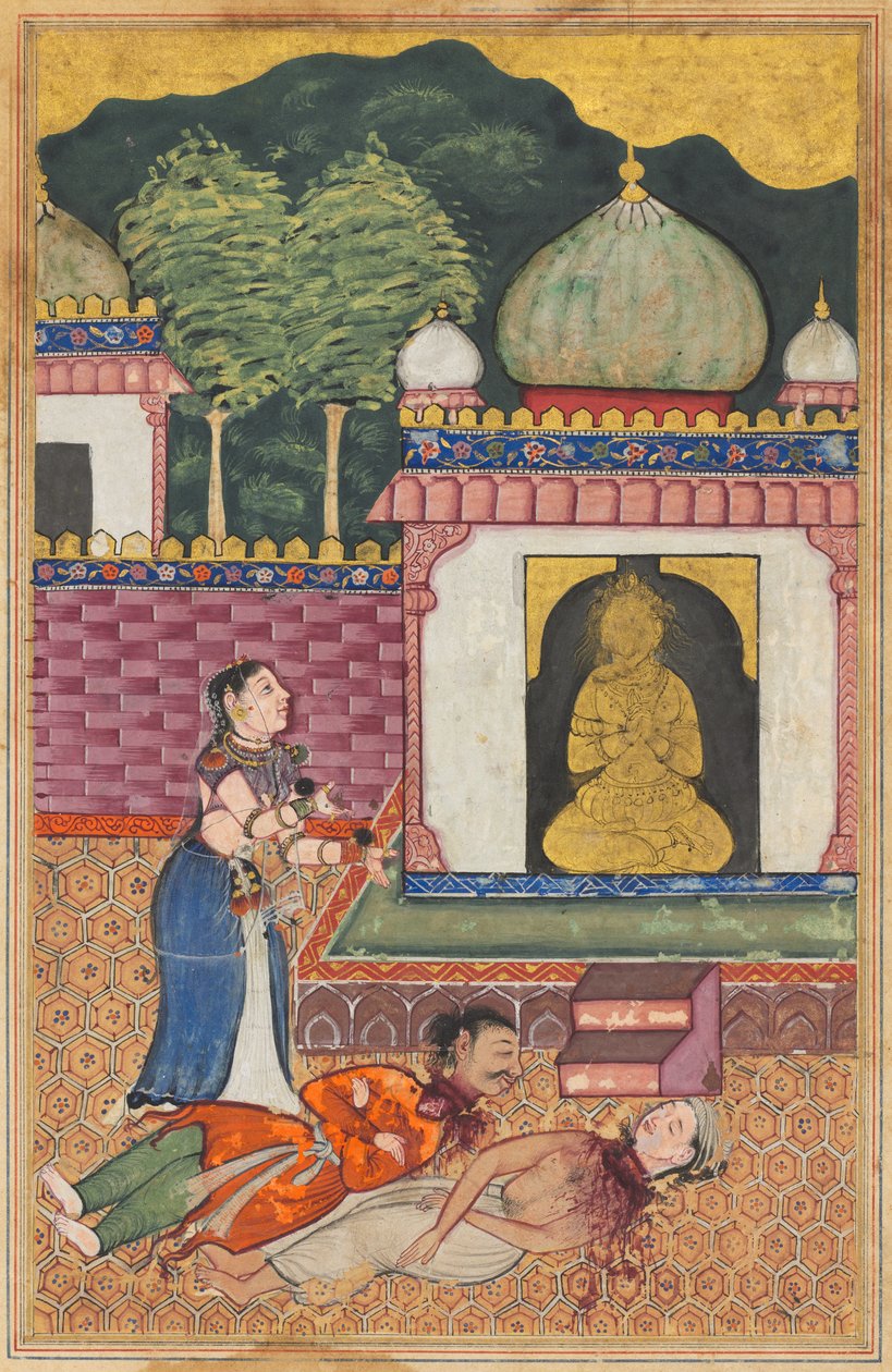 A princesa descobre os cadáveres, com as cabeças decepadas, de seu marido e seu amigo brâmane, de um Tuti-nama (Contos de um Papagaio): Trigésima Quarta Noite de Unknown artist