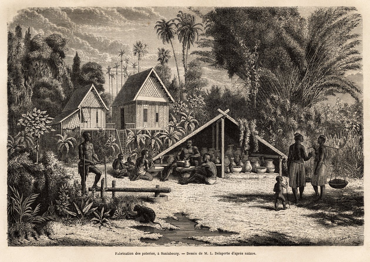 A produção de cerâmica em Saniaboury (Laos). Gravura para ilustrar a viagem de exploração na Indochina, de Francis Garnier, tenente de Vaissseau, em 1866-1868, publicada em "Le tour du monde" 1870-1871, editada por Edouard Charton, edição Hac de Unknown artist