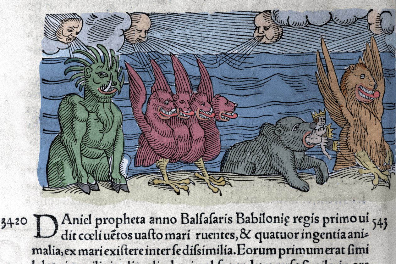 O profeta Daniel vê monstros a aparecer: Haniel, Kafziel, Azriel, Aniel. Gravura de "The Book of Prodigiorum ac ostentorum Chronicon Basileae" de Wolfhart (Conrad Lycosthene) 1557 de Unknown artist