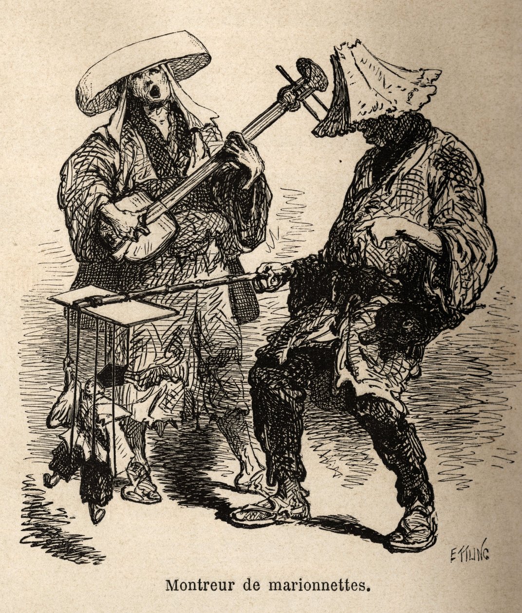 O espetáculo de marionetes e o músico que o acompanha para o entretenimento de rua. Gravura para ilustrar a viagem ao Japão, de Aime Humbert, ministro da Confederação Suíça, em 1863-1864, publicada em "le tour du monde", sob a direção de Ed de Unknown artist