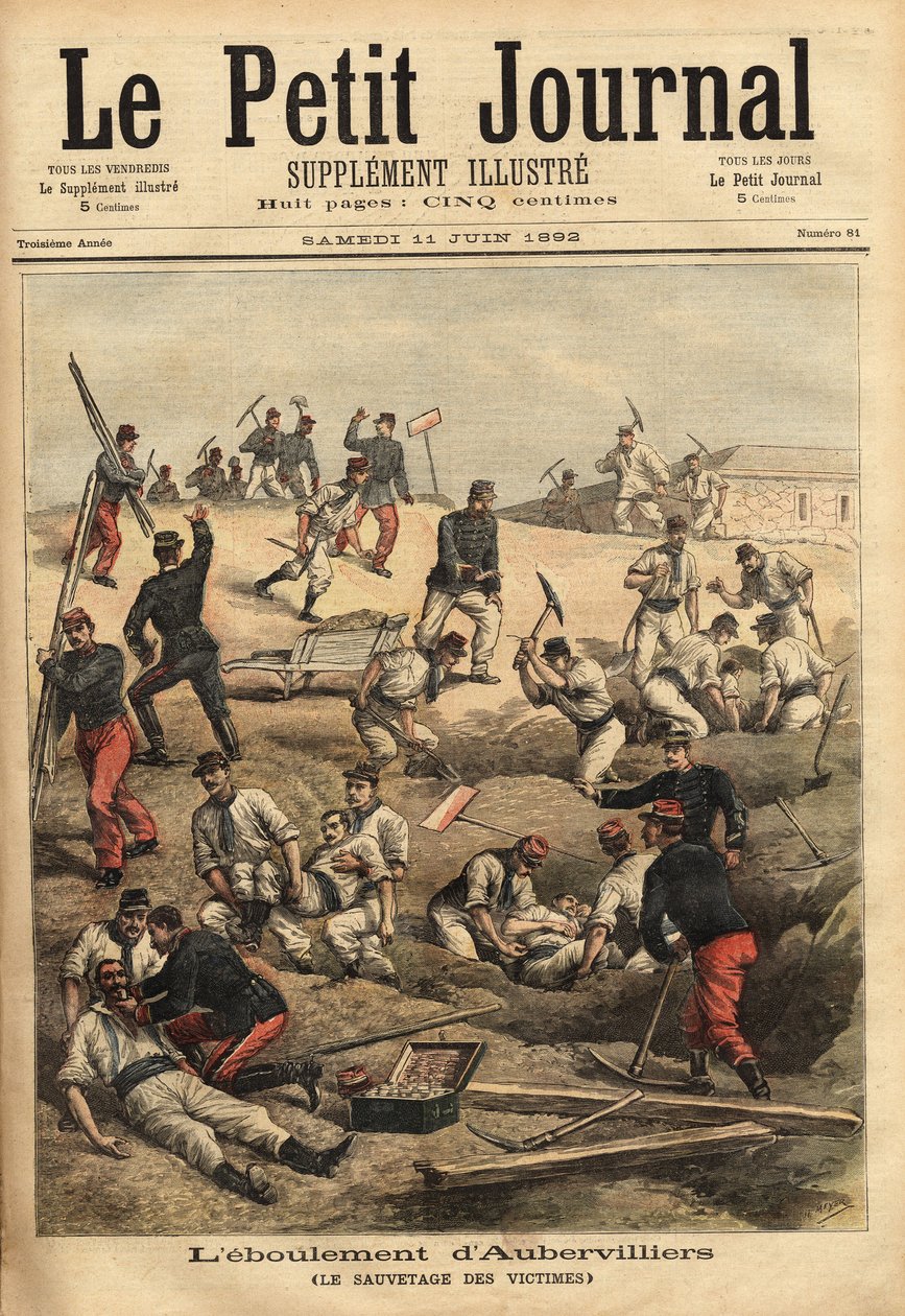 O resgate das vítimas de Aubervilliers, após o colapso do terreno friável, enfraquecido pelas manobras dos soldados do 16º batalhão de artilharia, 5 vítimas foram engolidas no colapso. Gravura em "Le petit journal" 11/06/1892 de Unknown artist