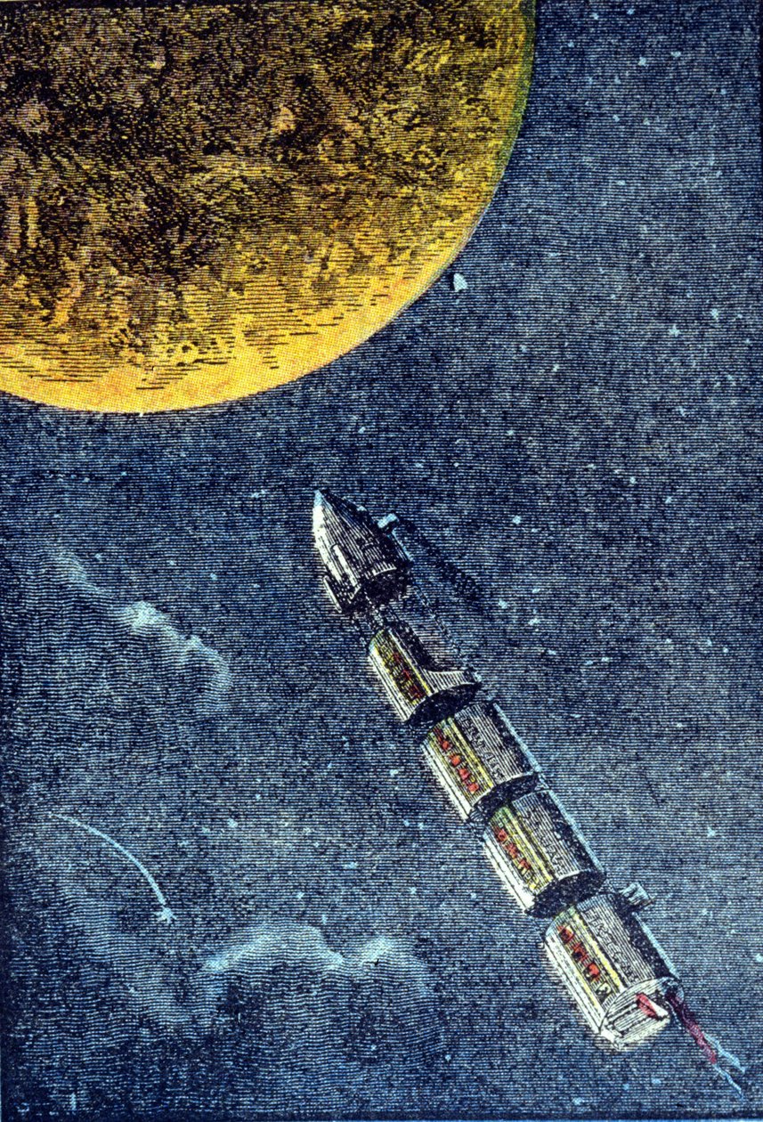 O foguete lançado ao espaço chegando à Lua - grav. em "From the Earth to the Moon" por Jules Verne de Unknown artist