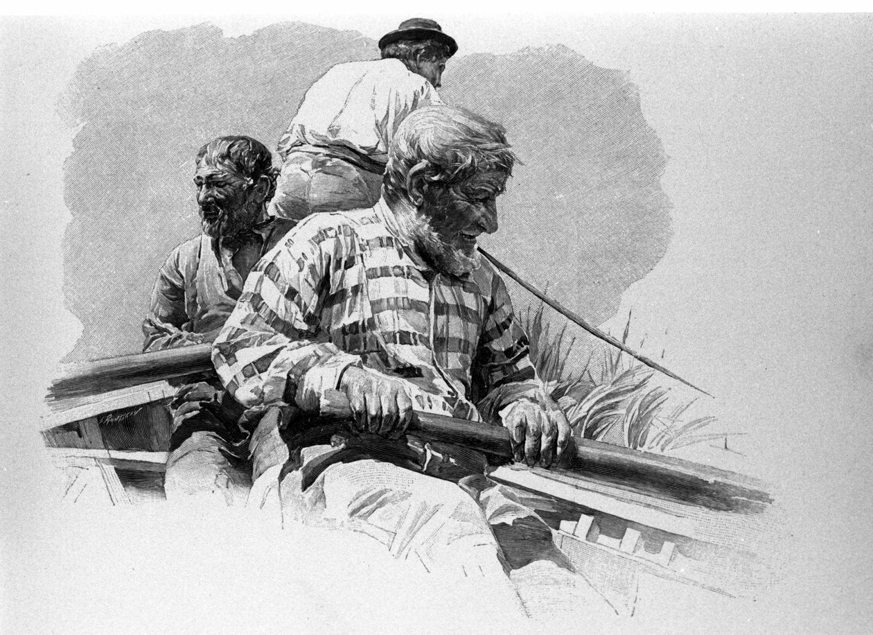 Os remadores em um barco no rio Anapo, na Sicília. de Unknown artist