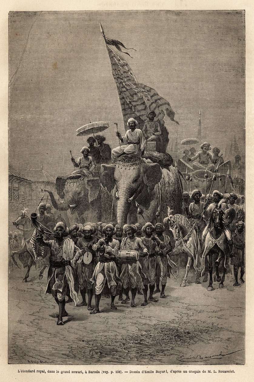 A bandeira real, no sowari (procissão militar), em Baroda (ou Vadodara), estado de Gujarat, na costa nordeste da Índia. Gravura para ilustrar a viagem na Índia dos Rajahs, de Louis Rousselet, em 1864-1868, publicada em "Le tour du monde de Unknown artist