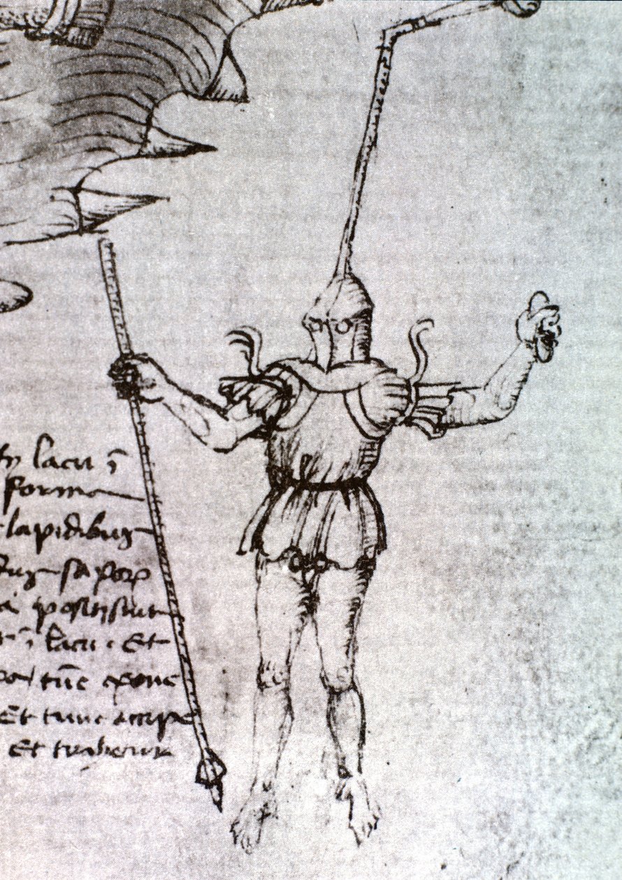 O scaphandler imaginado por Mariano di Lacopo, disse Il Taccola no século XV. de Unknown artist