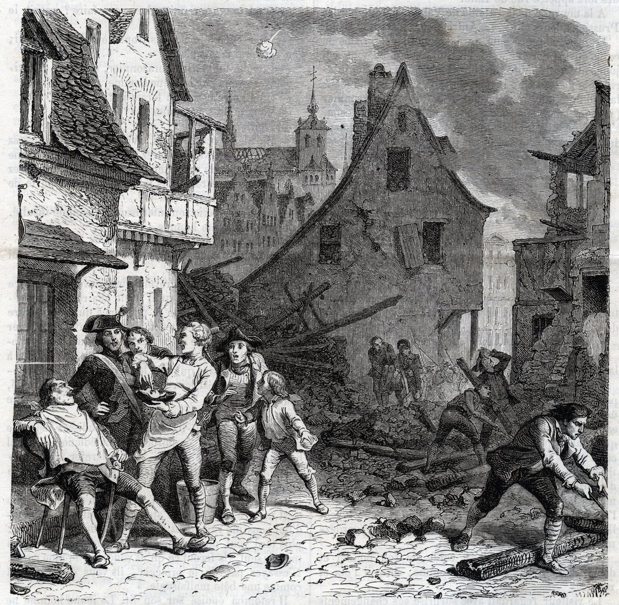 O prato de barbear de Lille. Um episódio do Cerco de Lille em 1792 durante as Guerras Revolucionárias Francesas - Le siege de Lille en octobre 1792 - Revolution francaise - Bombardement by Austrians and Prussians - Barber uses half a bombardement as a bear de Unknown artist