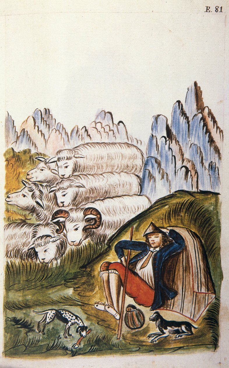 O pastor e seu rebanho de ovelhas, do livro "Trujillo del Peru" ou "Códice Martínez Compañón", de Baltazar Martinez Compañón y Bujanda, bispo de Trujillo (1782-1785) de Unknown artist