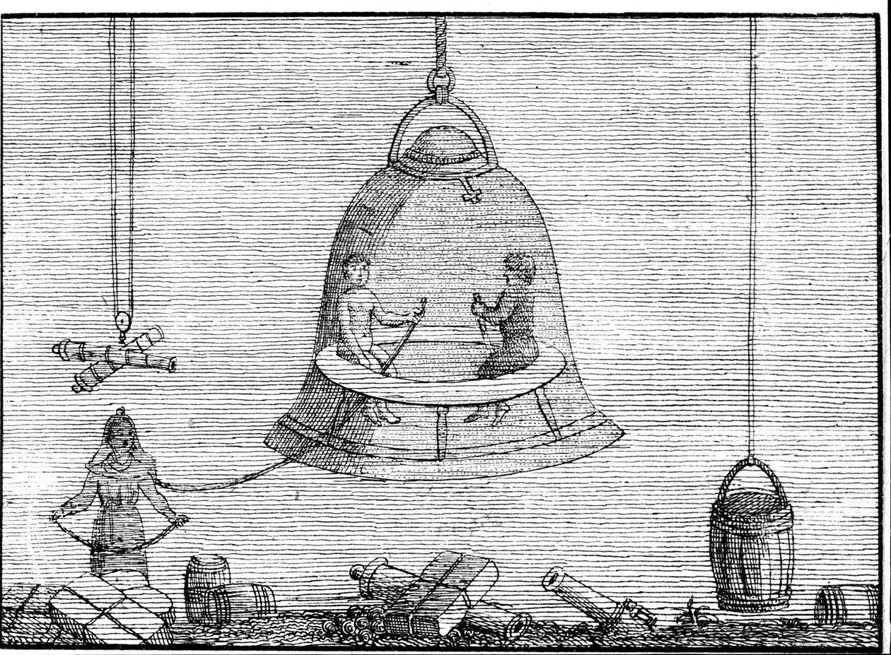 O pequeno sino nos ombros do homem à esquerda (que recebe ar do sino maior) pode ser considerado o antepassado do capacete de um fato. Gravura de Sd. do século XVII ou XVIII. de Unknown artist