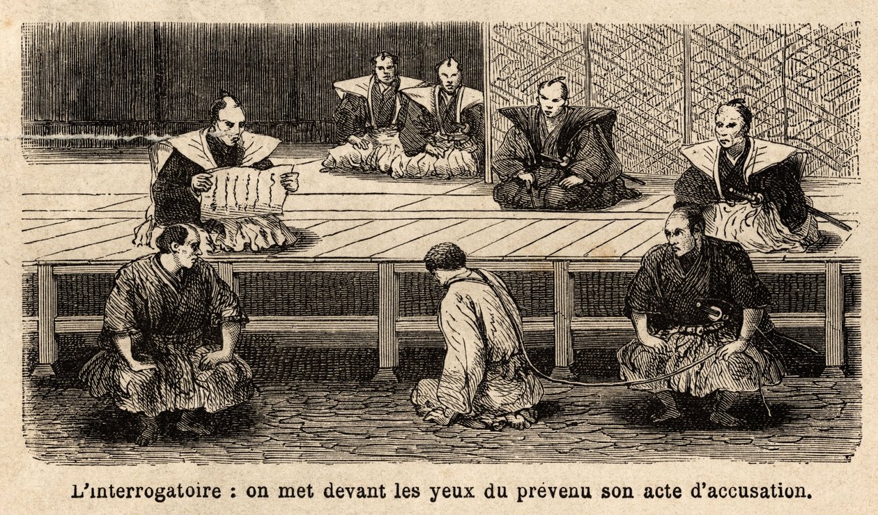 As etapas da justiça: o interrogatório, a leitura da acusação ao acusado, que se coloca diante de seus juízes, os joelhos, o pescoço segurado por uma corda segurada por um guarda. Gravura para ilustrar a viagem ao Japão, em 1863-1864, de Aime Humbert, mini de Unknown artist