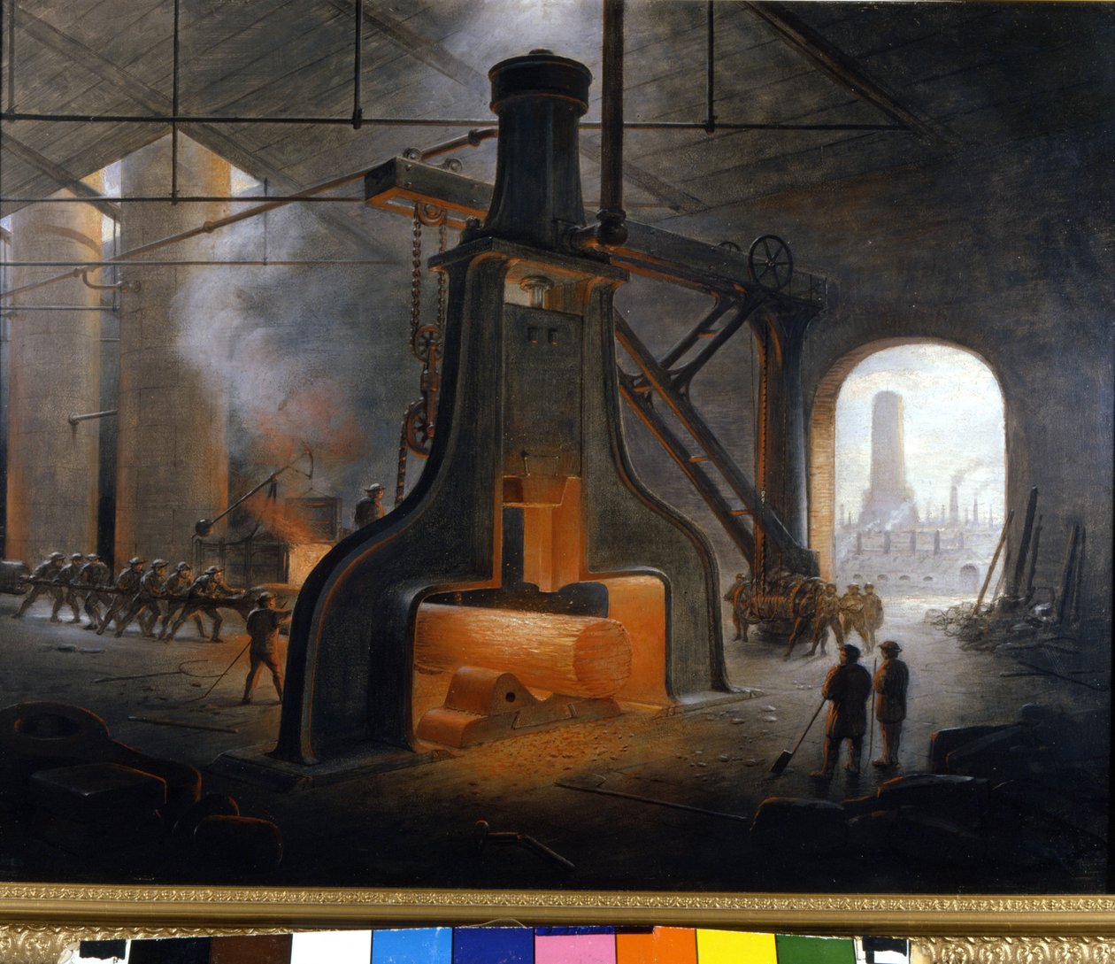 O martelo a vapor (baterista), inventado por J. Nasmyth, em ação utilizado em plantas de metalurgia em Manchester. A pintura anônima de Unknown artist