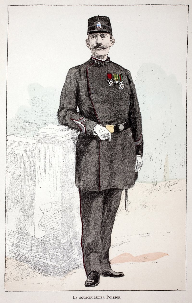 O sub-brigadeiro (sub-brigadeiro) Poisson. Gravura colorida, para ilustração do livro "Histoire du corps des gardiens de la paix" publicado sob os auspícios de Louis Lepine (1846-1933) prefet de police de la Seine, de Alfred Rey (1864-?) e Louis de Unknown artist