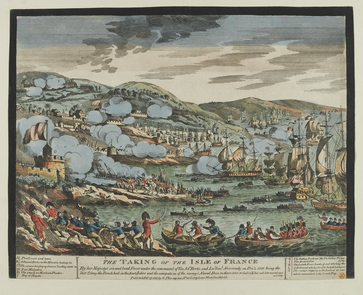 A tomada da Ilha de França (Maurícia), 2 de Dezembro de 1810 (xilogravura, de cor) de Unknown artist