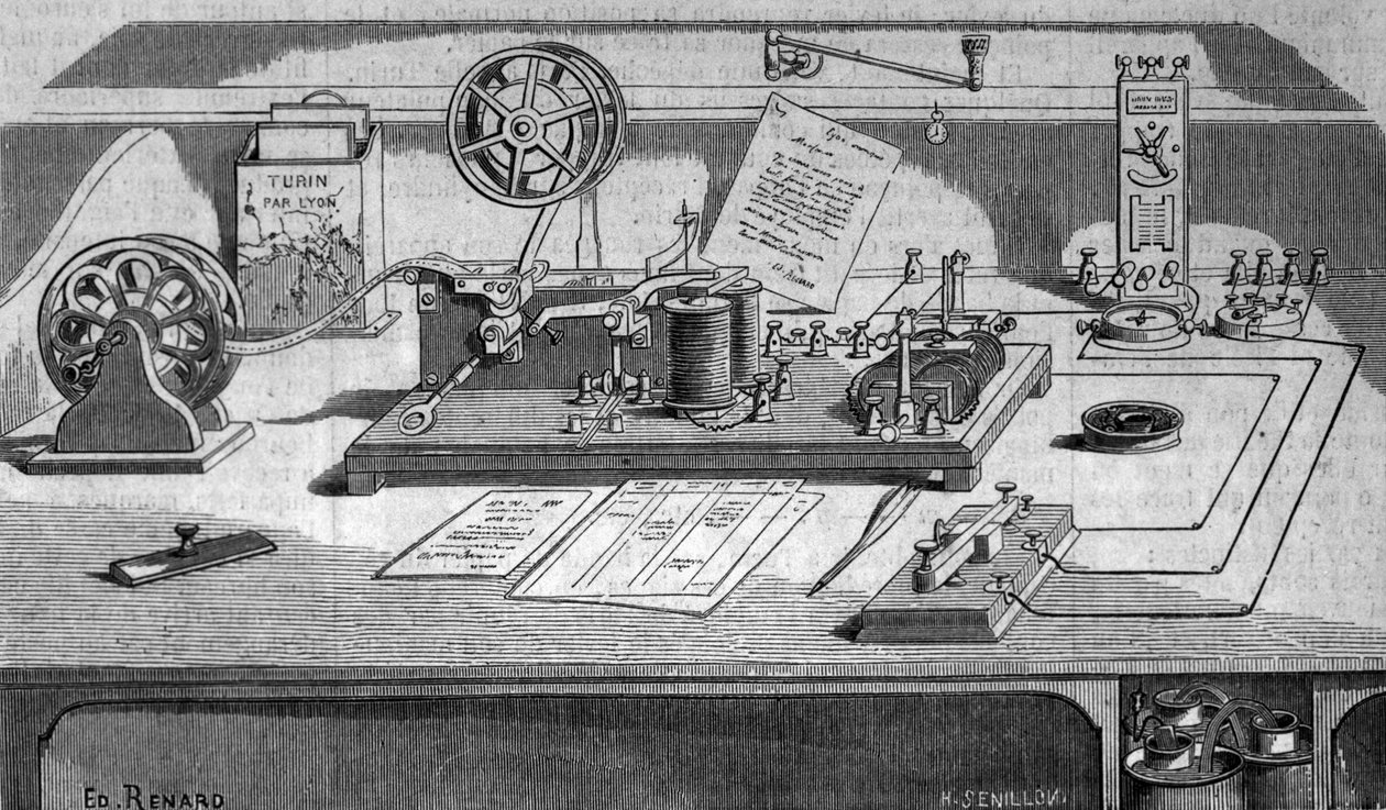 O telégrafo inventado pelo inventor americano Samuel Finley Breese Morse (1791- 1872). Gravura do século XIX de Unknown artist