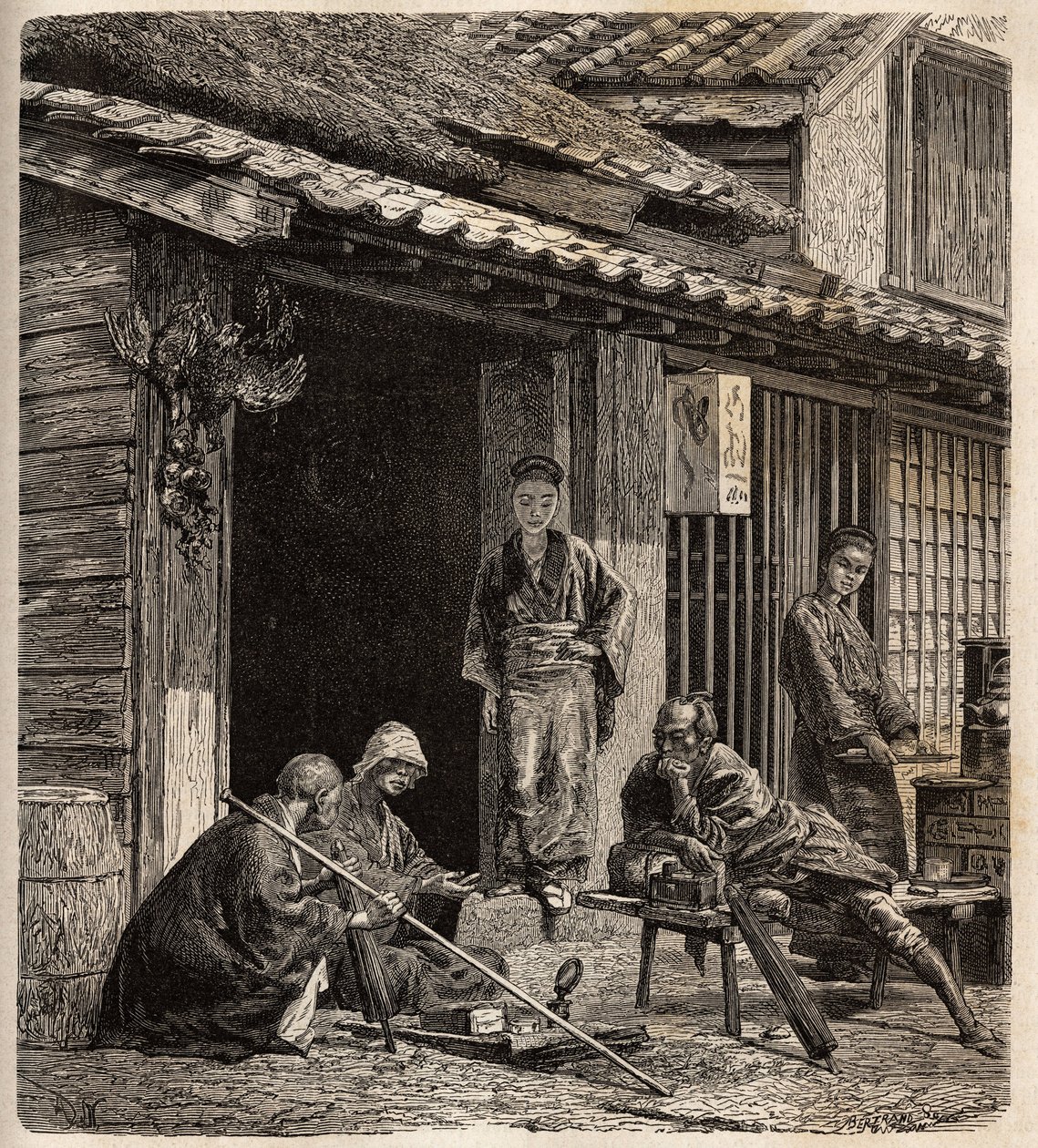 No limiar de uma pousada de aldeia no Japão, as hospedeiras servem de anfitriãs para os seus hóspedes habituais. Gravura para ilustrar a viagem ao Japão em 1863-1864, de Aime Humbert, ministro da Confederação Suíça, em "Le tour du monde, nouveau journal de de Unknown artist