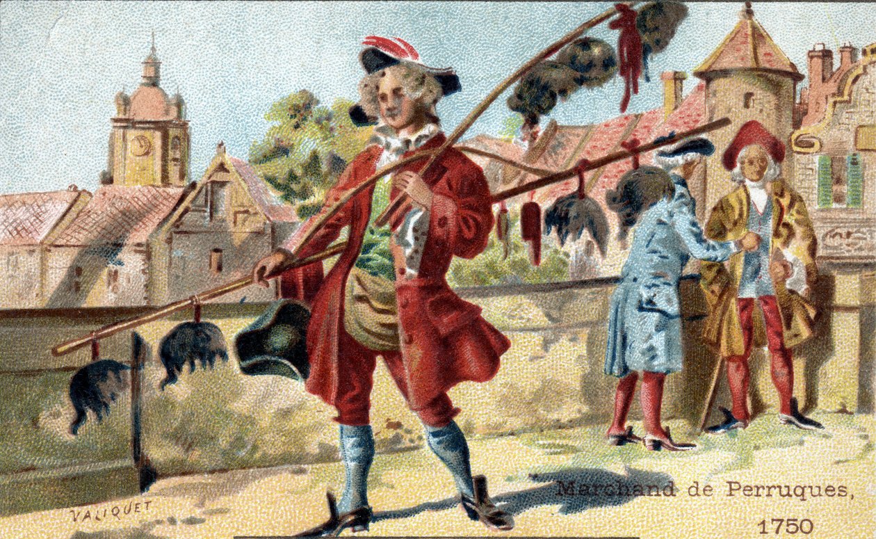O comércio de perucas mercantes em 1750. de Unknown artist