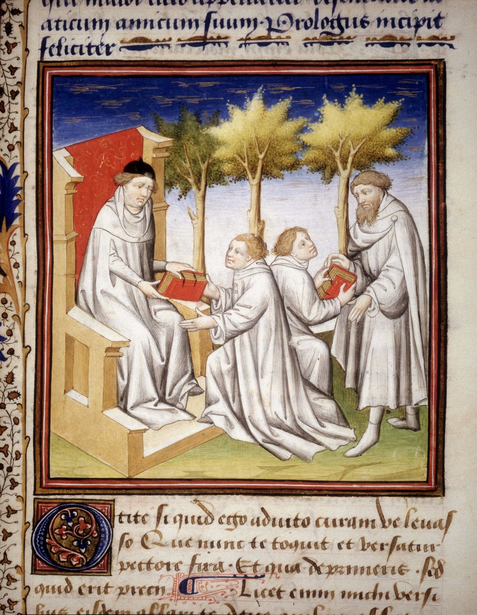 A transmissão do conhecimento para a geração mais jovem. Manuscrito "De Senectute" de Cícero. 1401. de Unknown artist