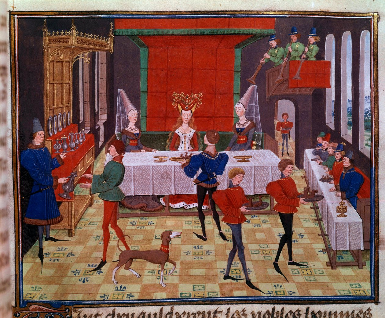 O banquete de casamento no casamento de Clarisse, filha do Rei Yvon de Gasconha e de Renaud Miniature do manuscrito "Renaud de Montauban" ou "Les quatre fils Aymon" de Loyset Liedet (activo entre 1448 e 1478). Ms. 5073. Bibliotéca do século XV. de Unknown artist