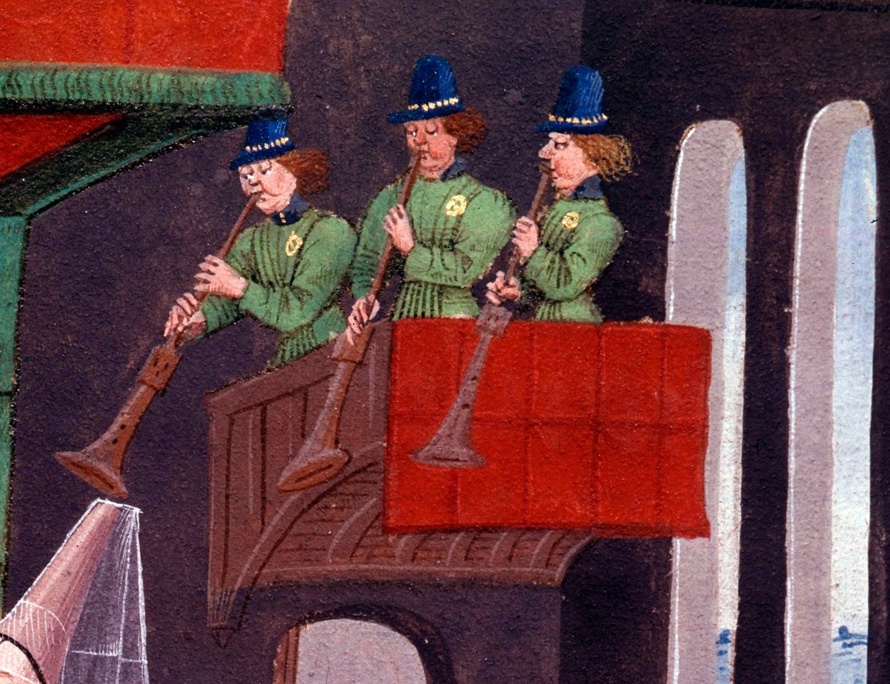 O banquete de casamento de Clarisse, filha do Rei Yvon de Gasconha e Renaud Detail representando os trompetista. Miniatura do manuscrito "Renaud de Montauban" ou "Les quatre fils Aymon" de Loyset Liedet (activo entre 1448 e 1478). Ms. 5073. de Unknown artist