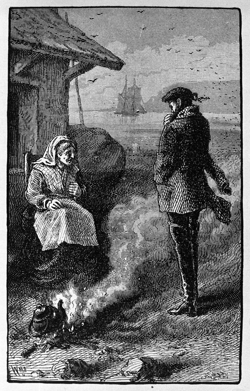 A bruxa Bessie Millie, que vive na ilha de Pomona (Orkney), vende sacos de ventos favoráveis aos marinheiros. Ilustração da história de Walter Scott, de 1814. Gravura do século XIX de Unknown artist