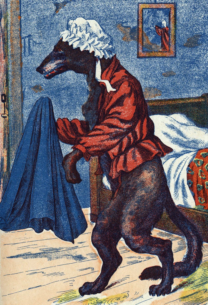O lobo veste a roupa da avó. Ilustração anônima de "The Little Red Riding Hood", conto de Charles Perrault (1628-1703), escritor francês. Imagery Marcel Vagne, Jarville Nancy, sem data (final do século XIX). de Unknown artist