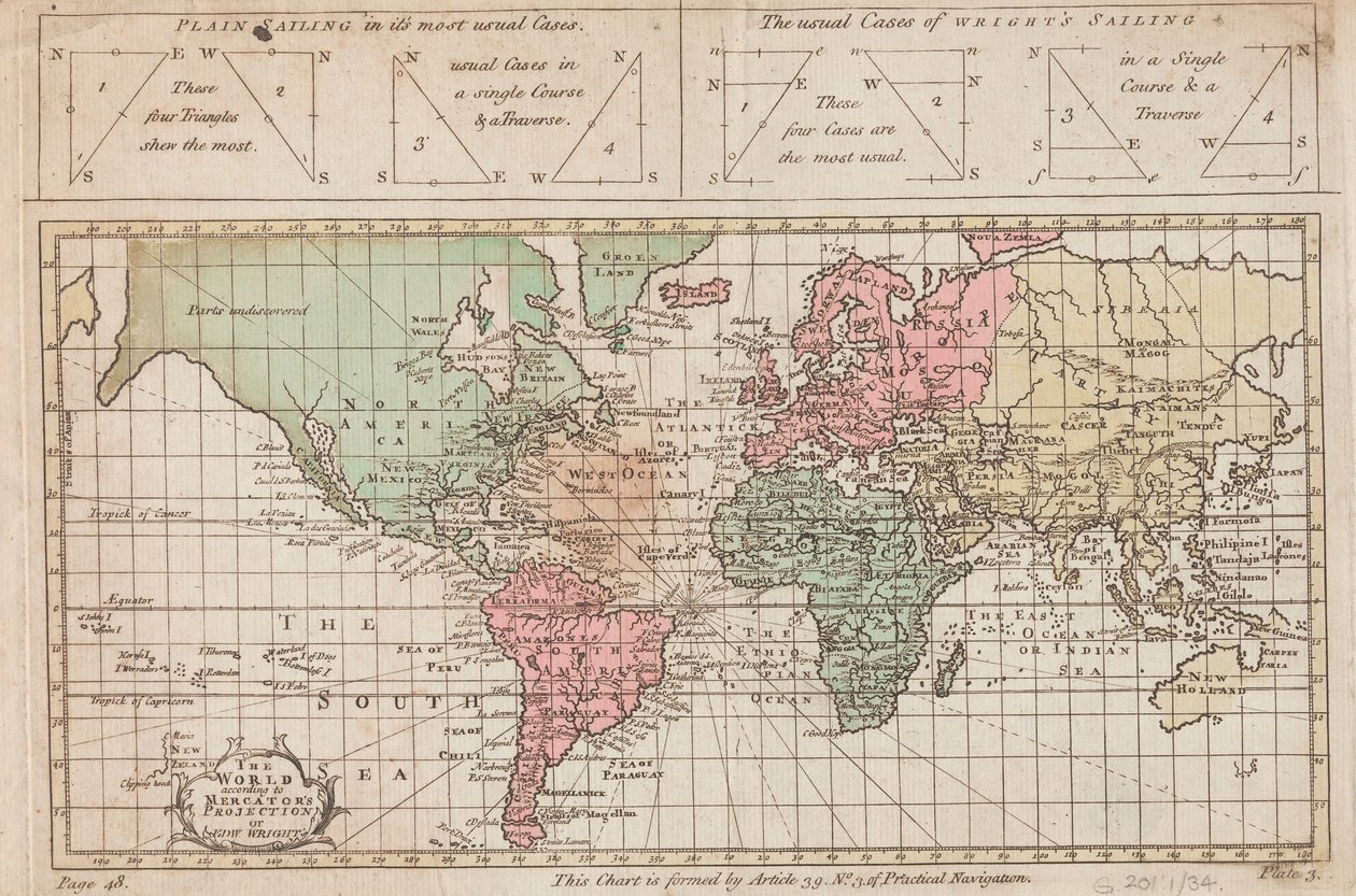 O mundo segundo a projeção de Mercator ou de Edw Wright, c.1730 (gravura) de Unknown artist