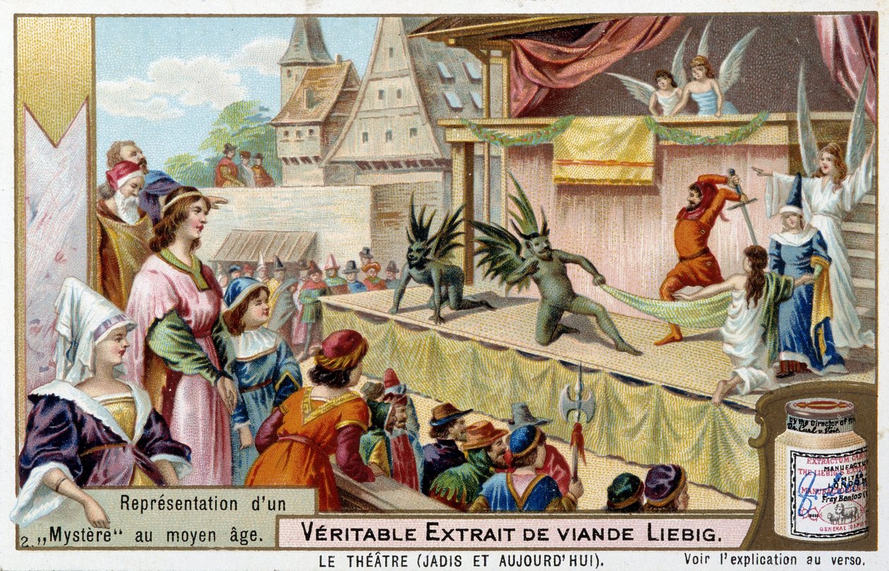 Teatro: representação de um mistério na Idade Média - Cromolitografia de Liebig de Unknown artist