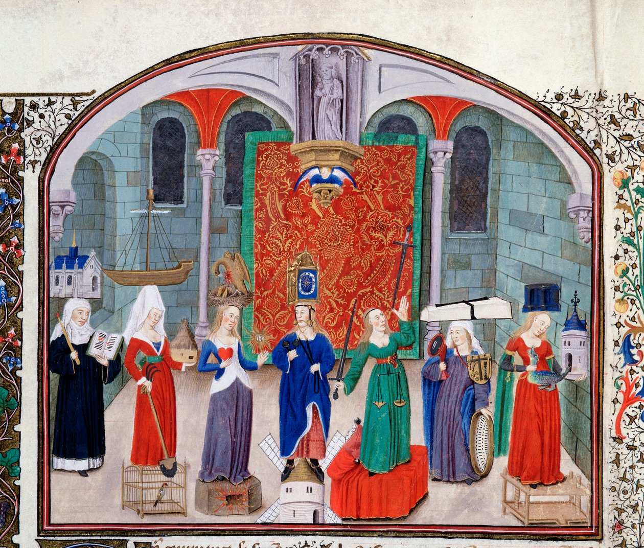 Teoria das virtudes teologais e cardeais. Miniatura do manuscrito (Ms 927 fol.17V) "Commentary on Political and Economic Ethics" do filósofo grego Aristóteles (383-322 BC) traduzido por Nicolas Oresme (1325-1382) de Unknown artist