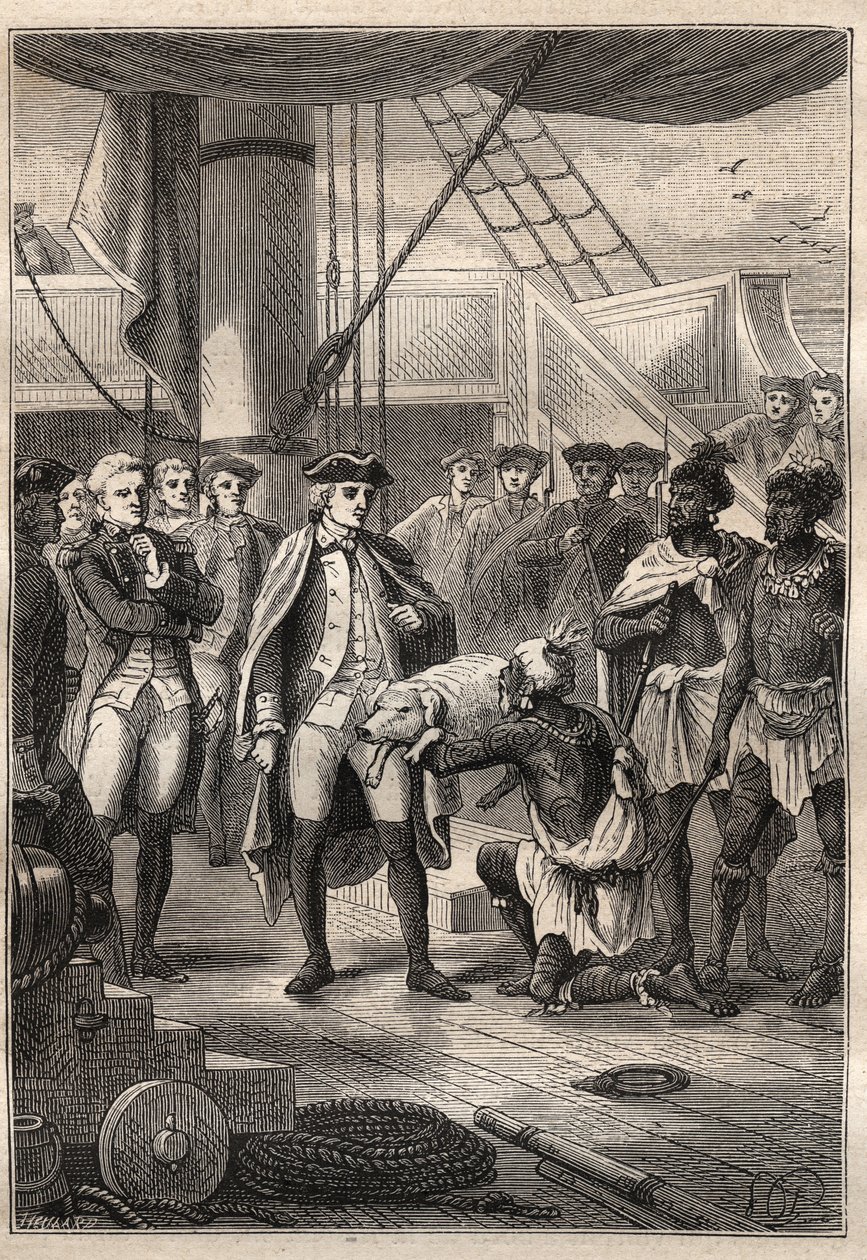 Terceira viagem (1776-1779) do Capitão James Cook (1728-1779): Padre Koah oferece um porquinho para Cook, a bordo do navio Resolução (Havaí) - ilustração de "Os Grandes Marinheiros do Século 18". de Unknown artist