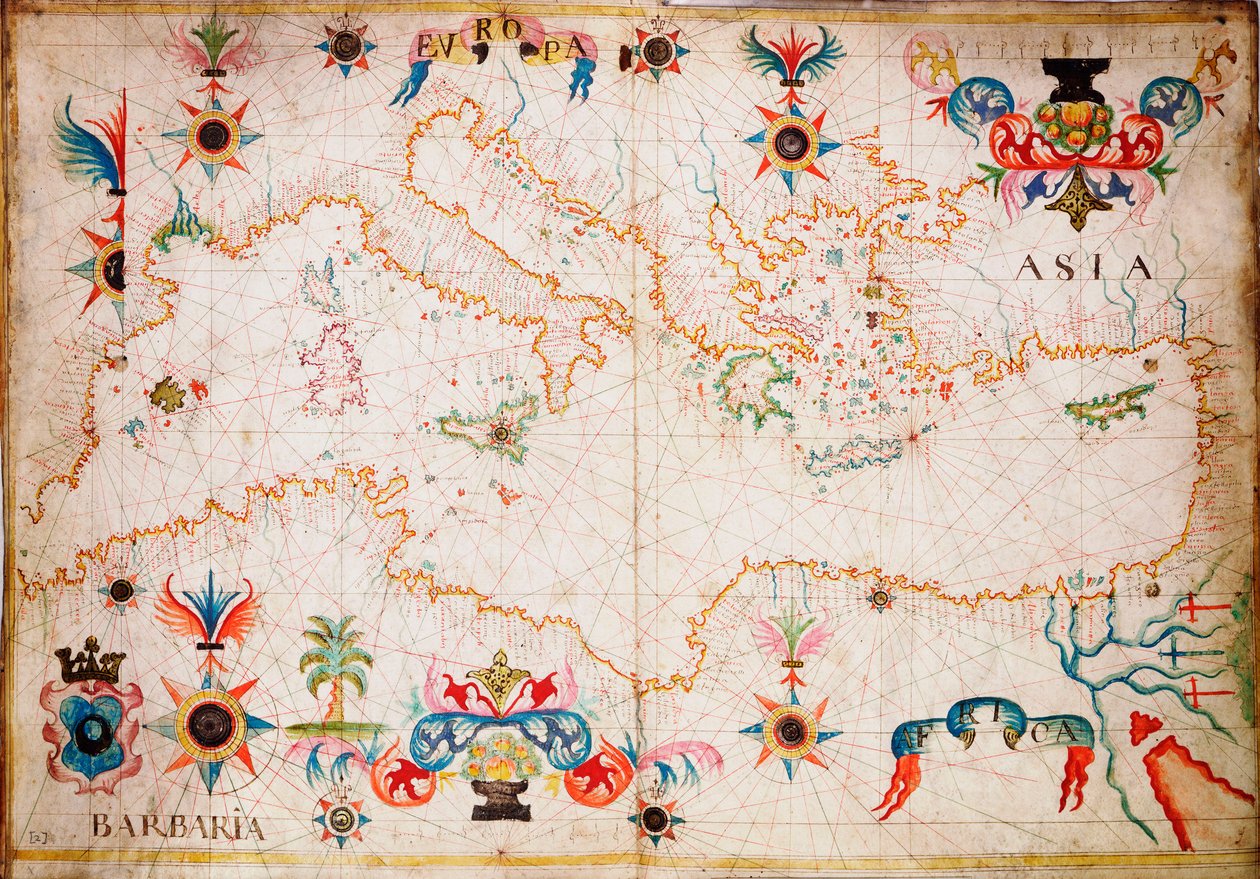 Este tipo de carta marítima primitiva em velino teve origem no Mediterrâneo no século XIII, c.1610 (manuscrito) de Unknown artist
