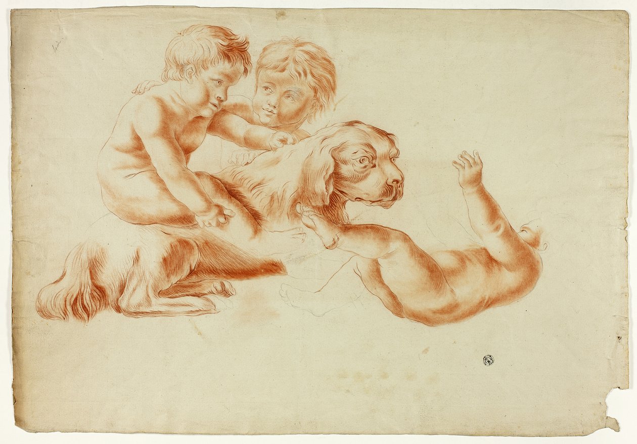 Três Putti a brincar com um cão de Unknown artist