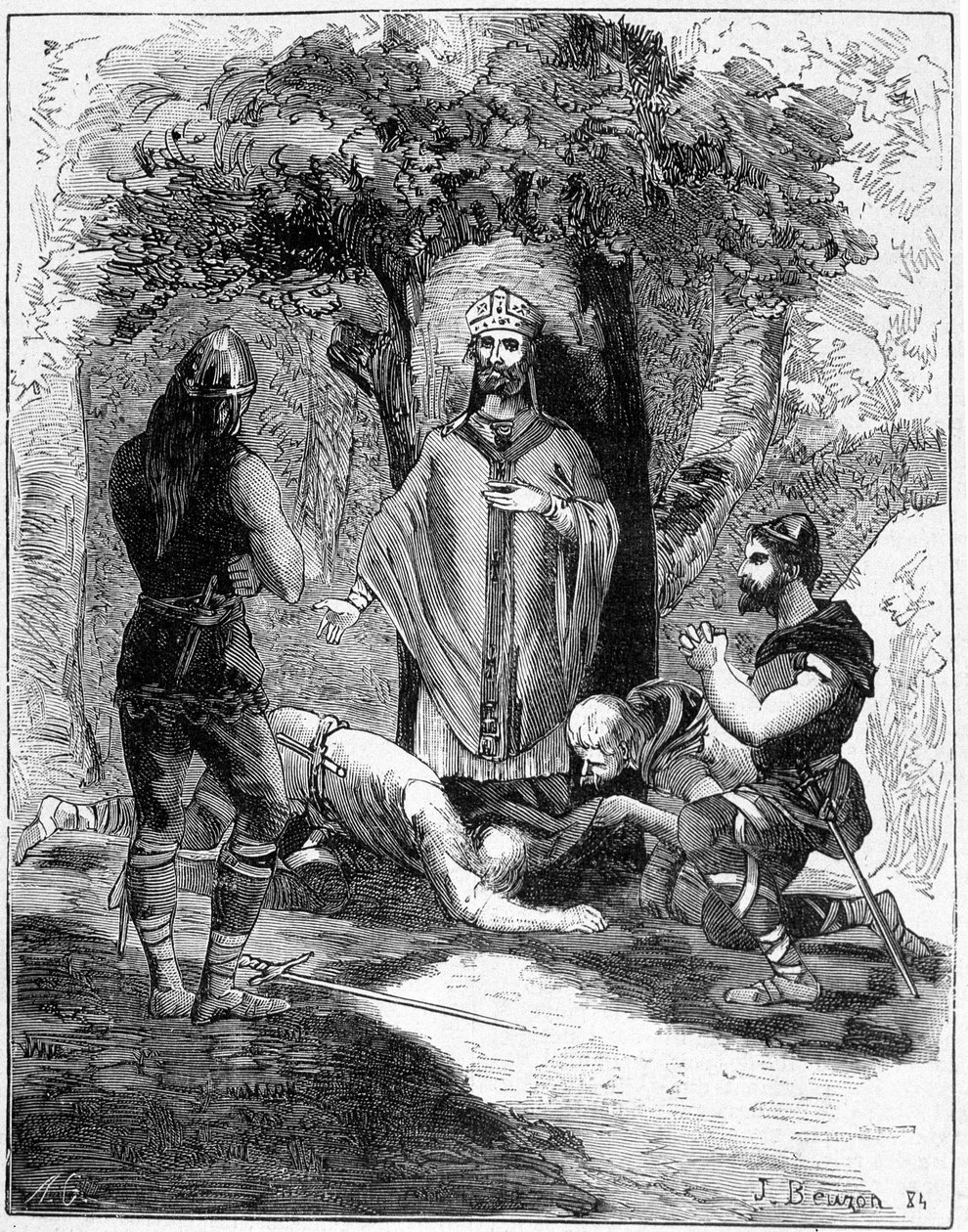 Três dos carrascos de São Leger (616-677) atiraram-se a seus pés para pedir perdão. Gravura do século XIX. de Unknown artist