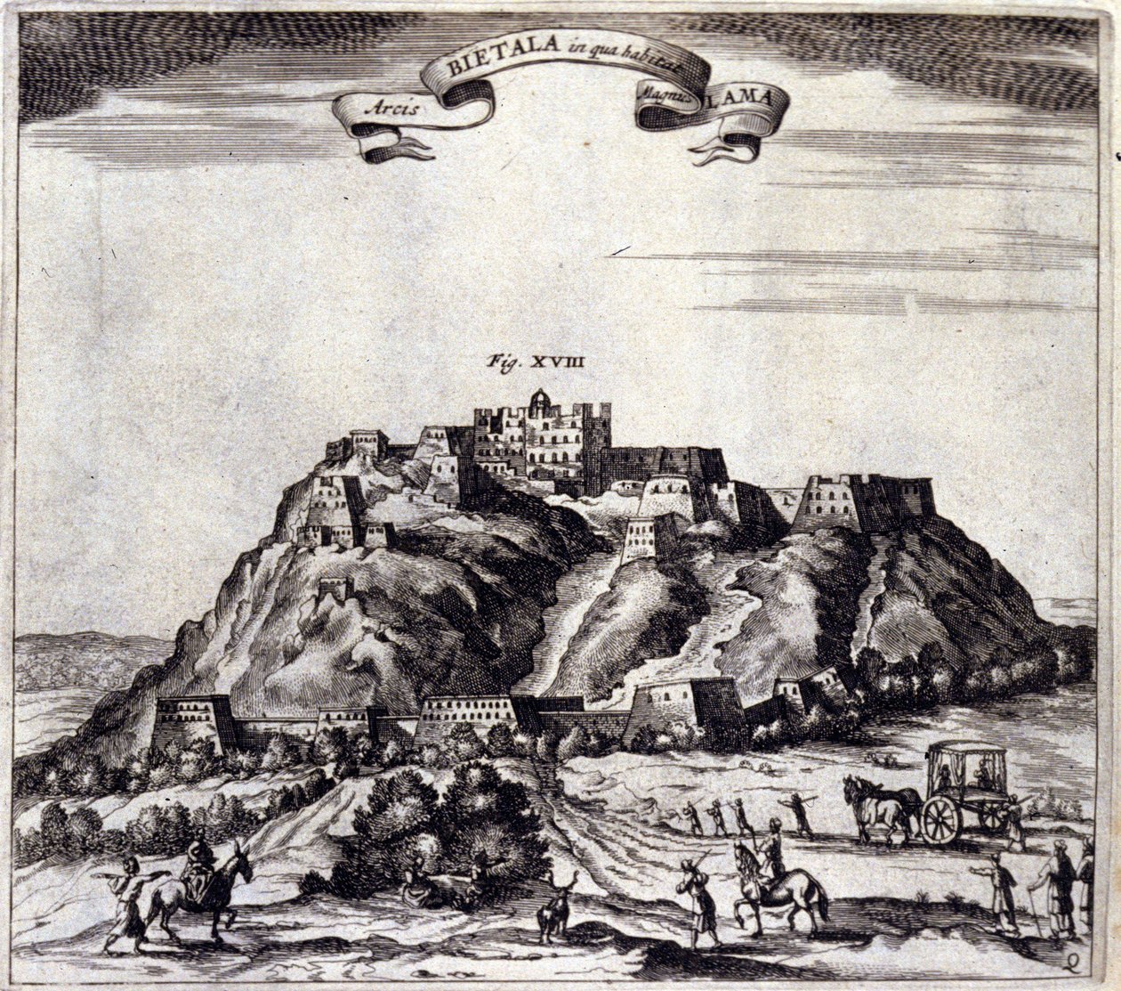 No Tibete. Vista do Pothala, palácio ou do Dalai Lama em Lhasa. "De China Monumenta" de Athanasius Kircher (1601 - 1680), jesuíta, orientalista e erudito alemão, Amsterdam 1667. de Unknown artist