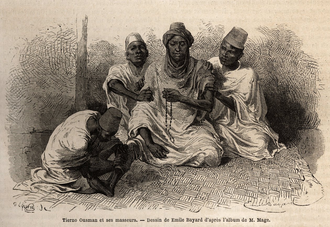 Tierno Ousman, da tribo Toucouleur, chefe da aldeia de Guemmou Koura (Mali), segurando um rosário muçulmano com grandes grãos, rezando suas orações, enquanto seus massagistas massageiam suas costas e pernas. Gravura para ilustrar a viagem ao Sudão Ocidenta de Unknown artist