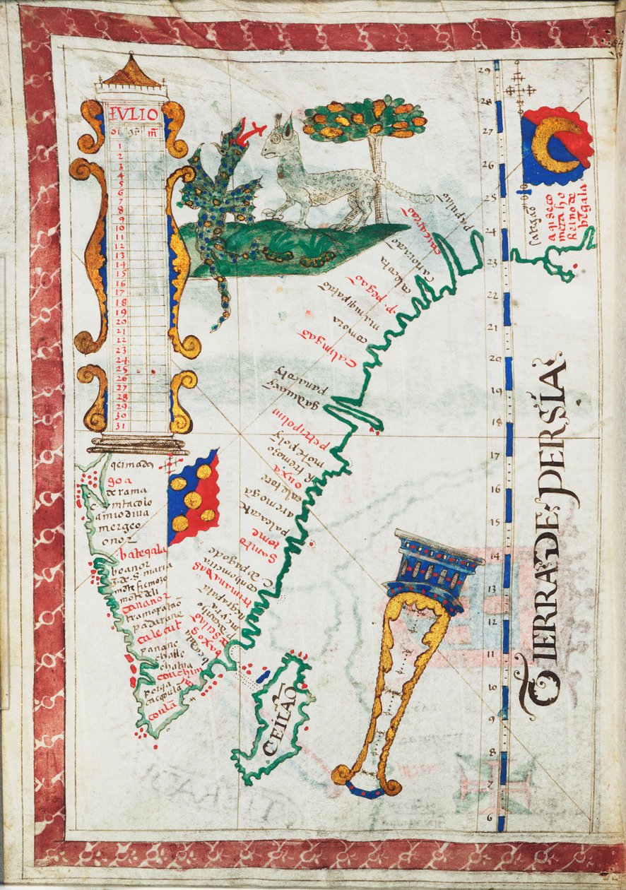 Tierra de Persia", escala: cerca de 1:13 500 000, mostrando lugares adicionais no Sul da Índia e no Sri Lanka, c.1550-60 (velino) de Unknown artist
