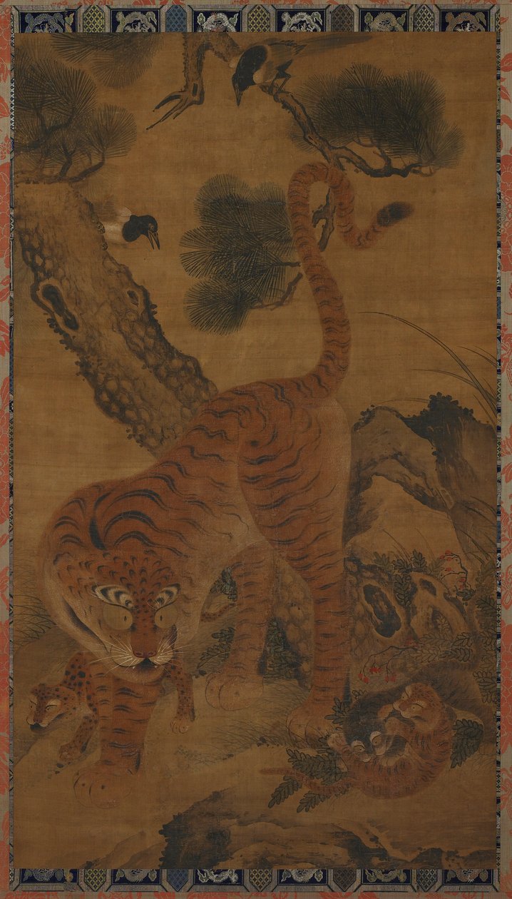 Tigre com filhotes e pegas de Unknown artist