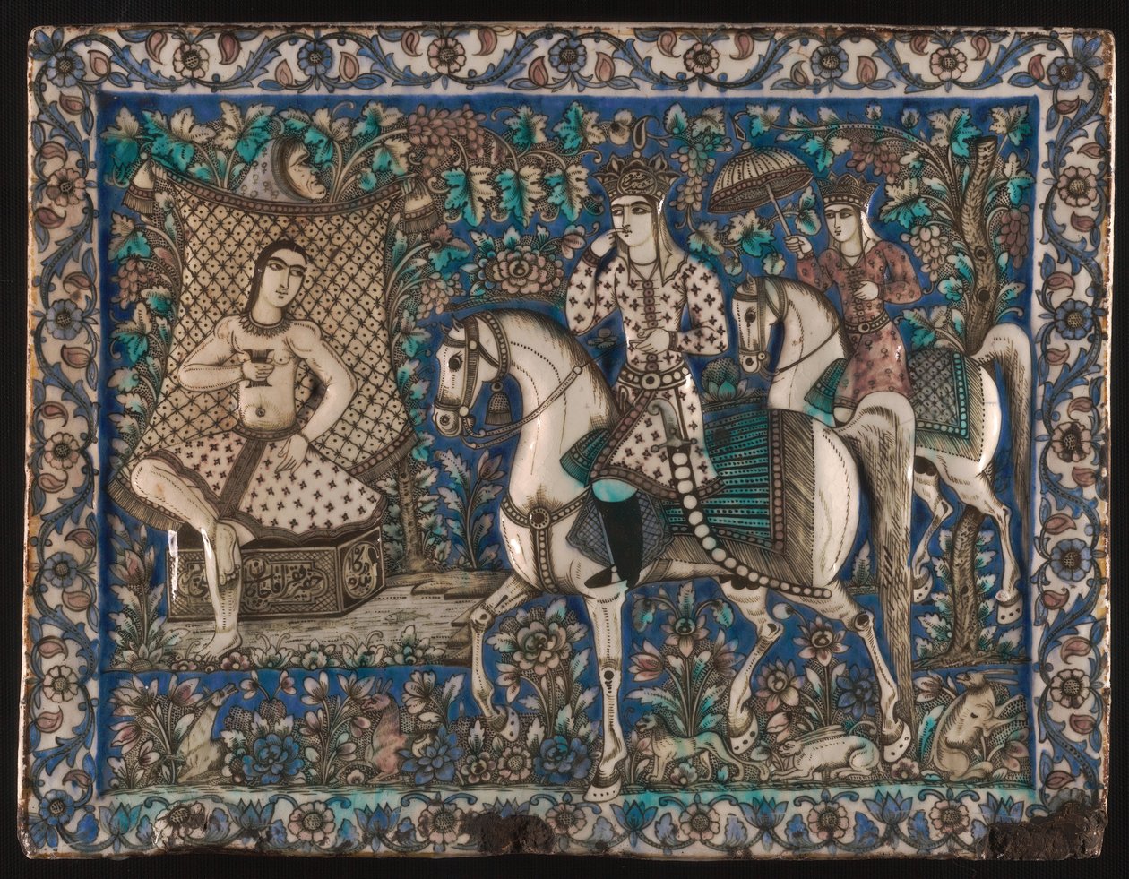 Azulejo representando Khusrau a tomar banho com Shirin de Unknown artist