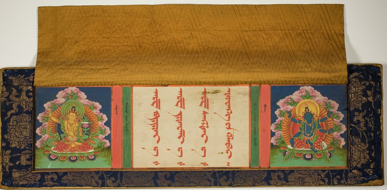 Página de rosto e capa de um manuscrito budista com Manjusri (à esquerda) e Mantramanudharani, uma deusa Pancharaksha (à direita) de Unknown artist
