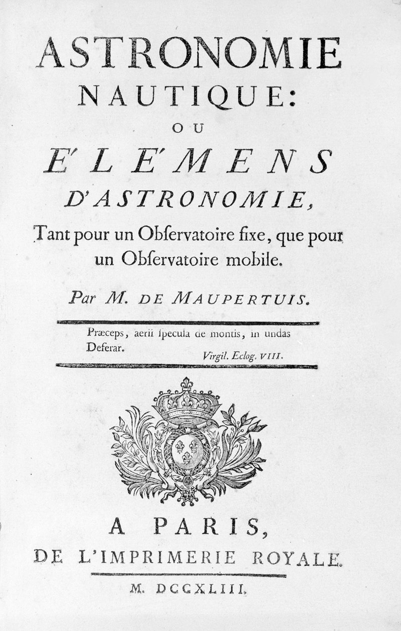 Página de título de Astronomia Náutica: ou Elemens (Elementos) de Astronomia de M. de Maupertuis (Pierre-Louis Moreau de) (1698 - 1759). 1743. de Unknown artist