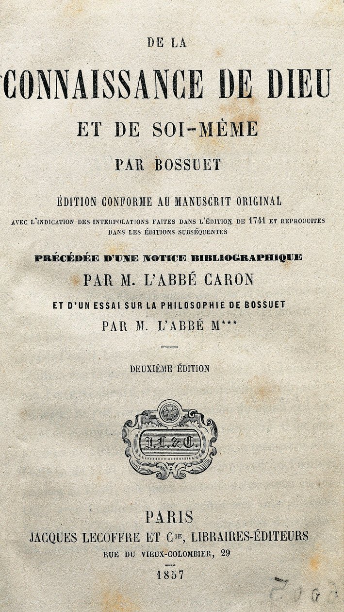 Página de título de "O conhecimento de Deus e de si mesmo" pelo teólogo e bispo francês Jacques-Benigne (Jacques Benigne) Bossuet (1627-1704). 1857. de Unknown artist