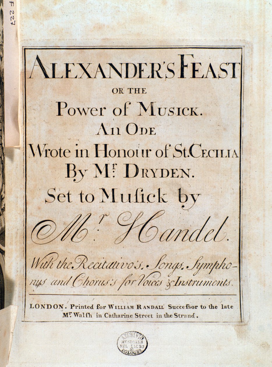 Página de título da partitura musical da festa de Alexandre por G F Handel de Unknown artist