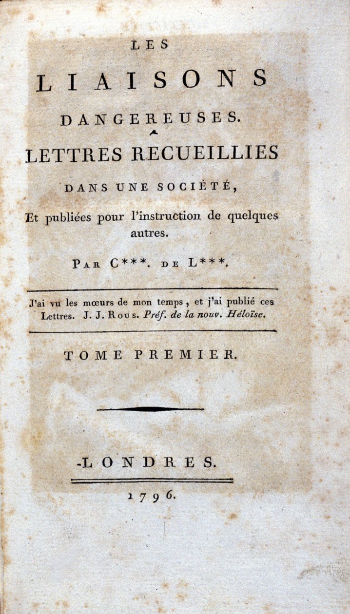 Página de título do livro "Les Liaisons dangereuses" de Choderlos de Laclos, Londres de Unknown artist