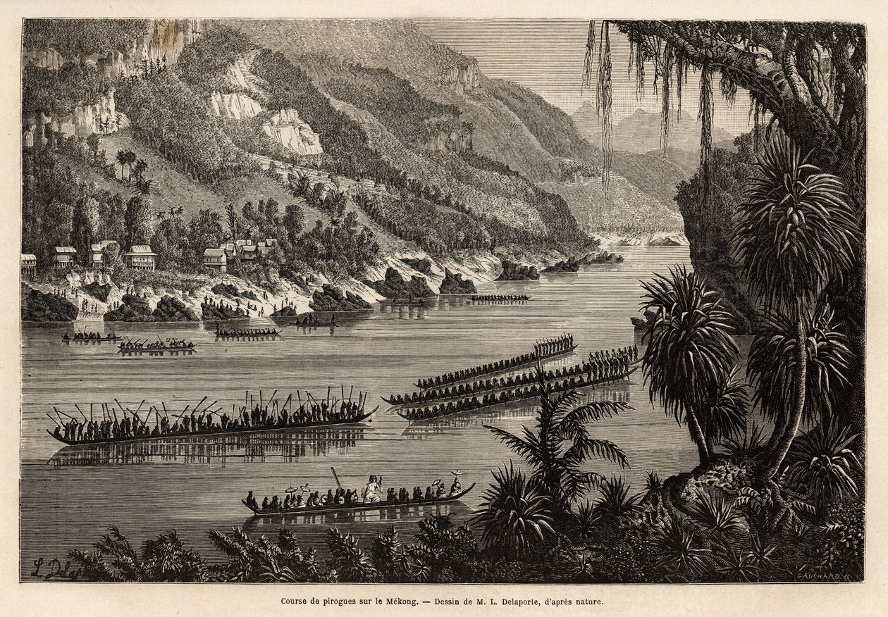 Tradicional corrida de canoa no rio Mekong, organizada todos os anos no final da estação chuvosa, como uma prestigiada competição entre as aldeias piscatórias e agrícolas próximas do rio. Gravura para ilustrar a viagem de exploração na Indochina, por Fran de Unknown artist